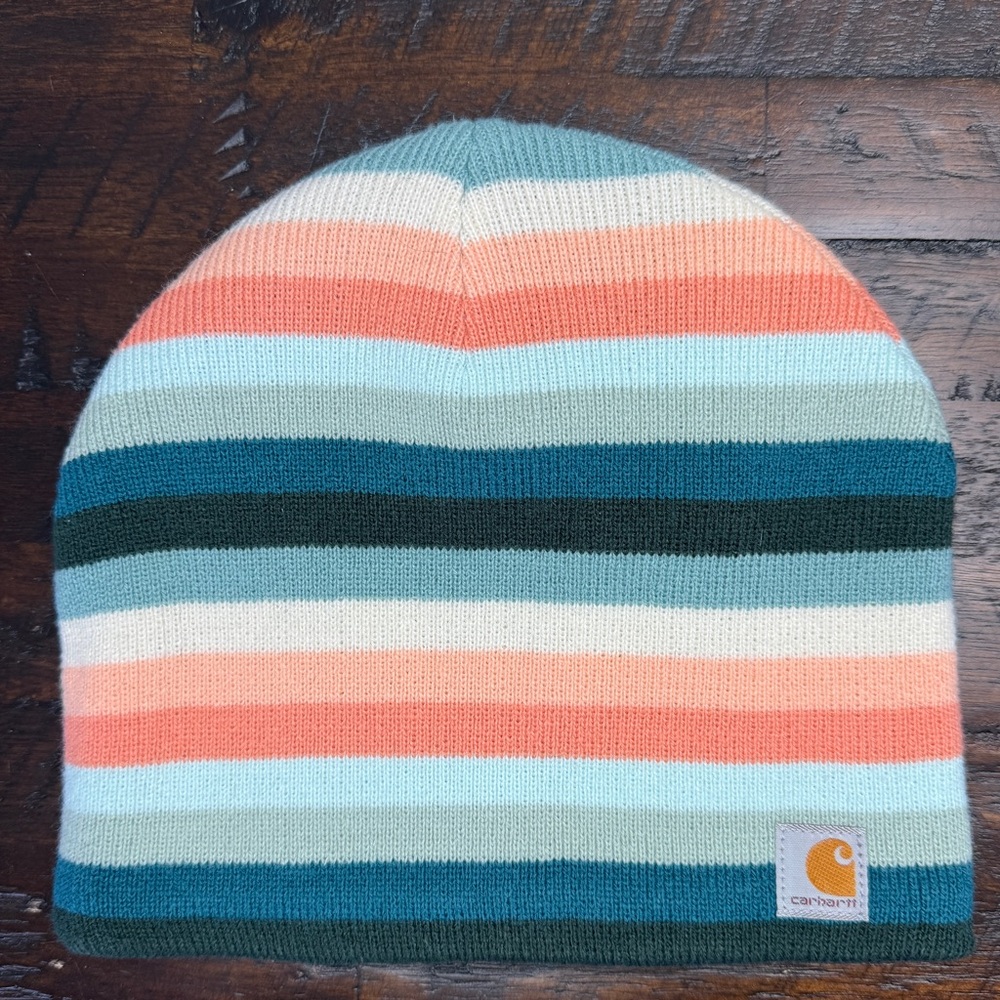 Carhartt Beanie Fleece Lined Peach & Teal Stripes Knit Beanie